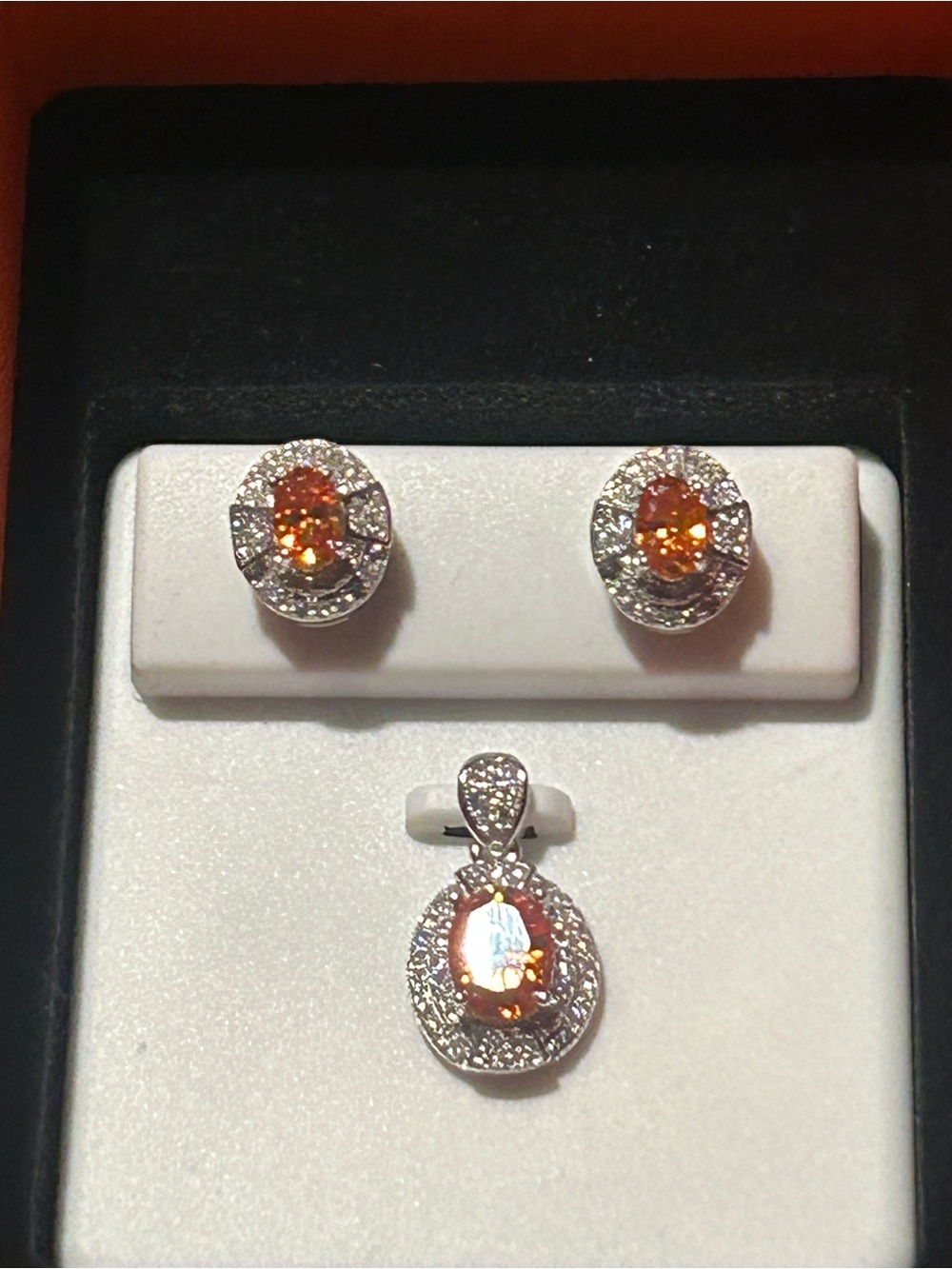 925 Silver W/ Moissanite Orange & D color Pendant and Earrings Set